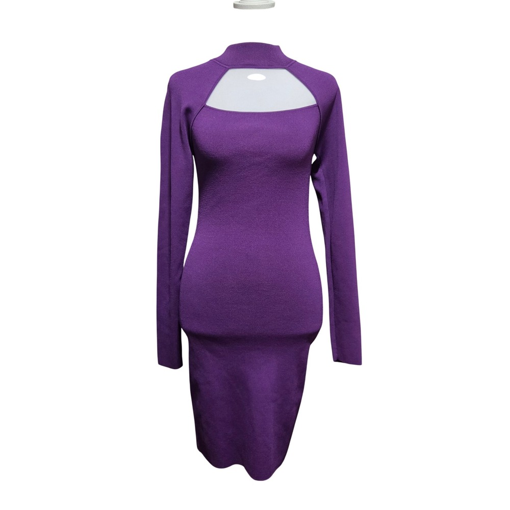 Bebe Trapeze Mock Neck Sweater Dress Purple Cutout Long Sleeve Bodycon Small NWT